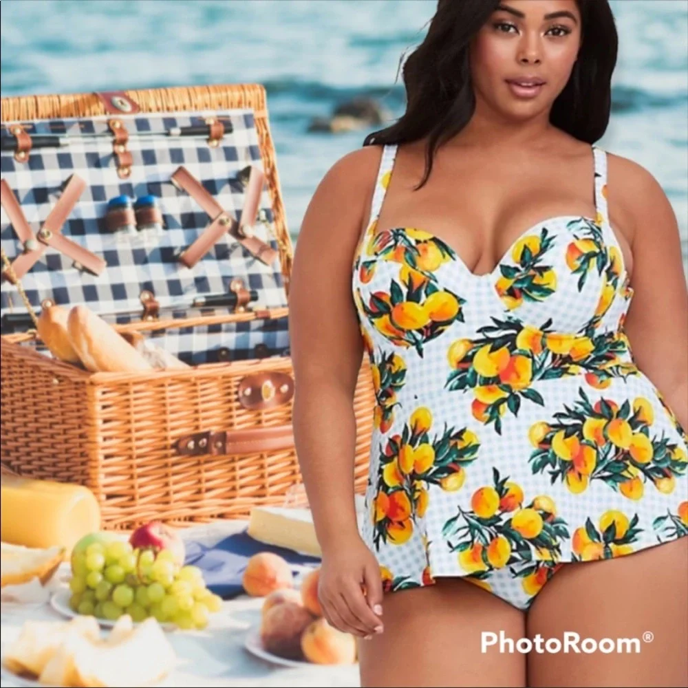 Torrid gingham and oranges peplum vixen swimsuit 3F